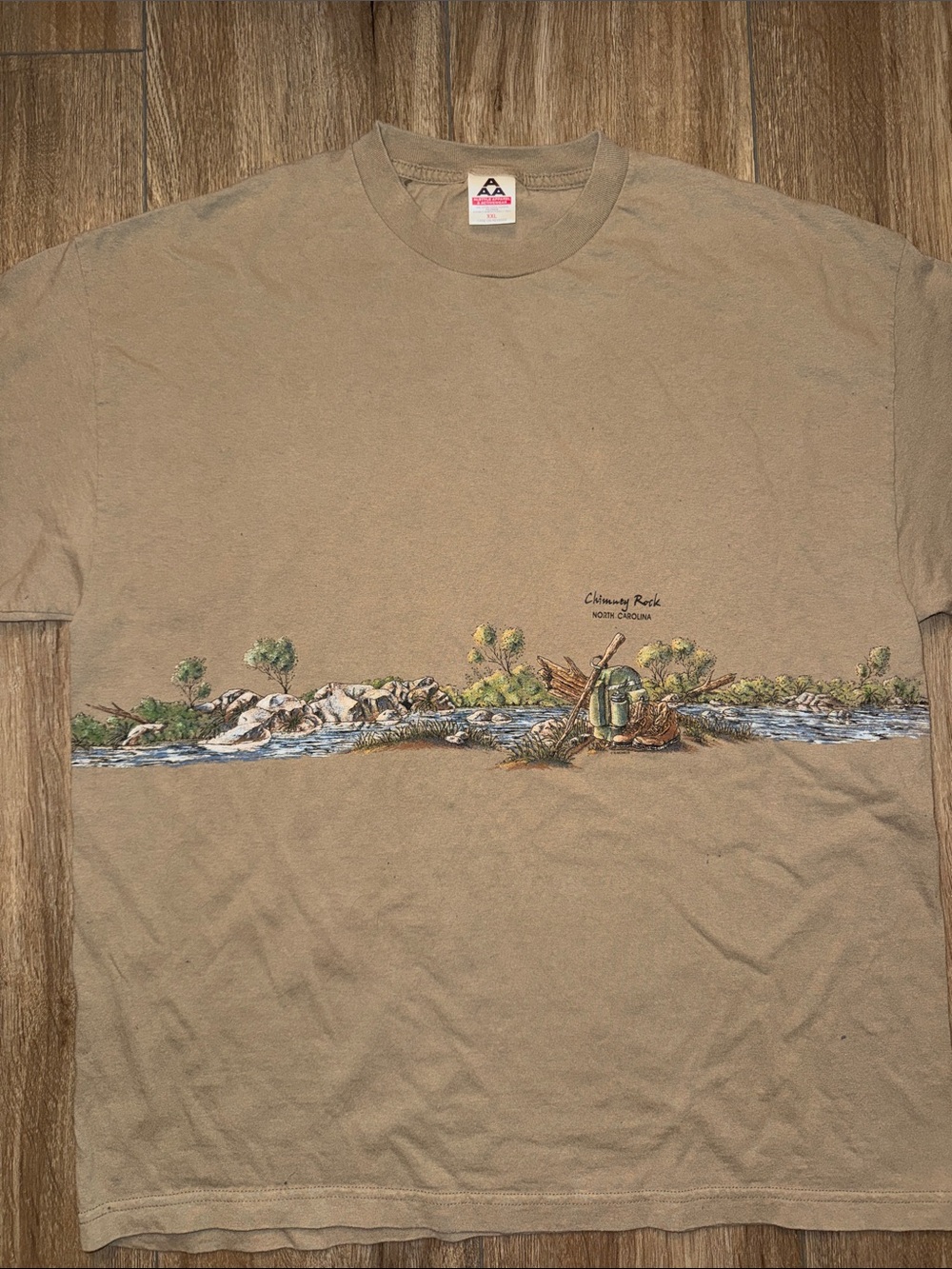 Men’s XXL Tan Crewneck T-Shirt with Riverside Graphic Chimney Rock, NC
